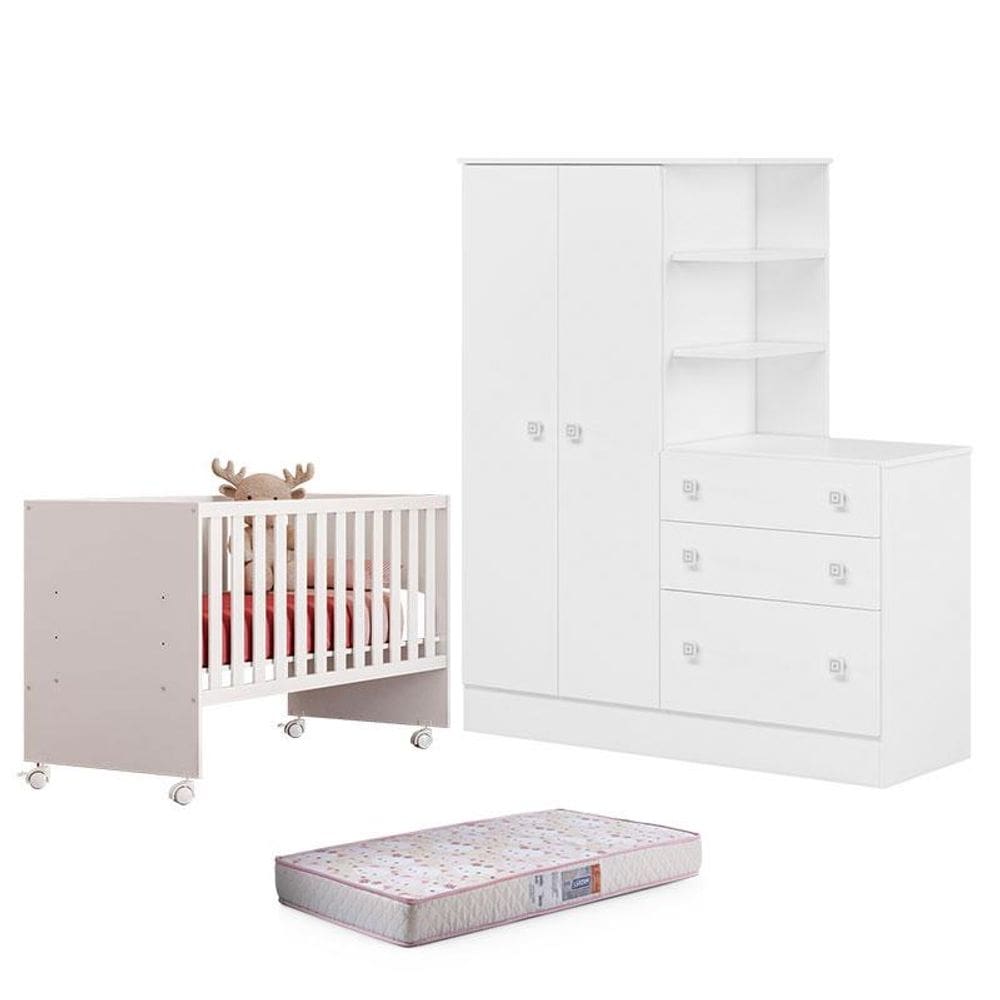 Berço Nacional 3540 e Guarda Roupa com Cômoda 4070 Doce Sonho Branco Brilho e Colchão Gazin – Qmovi