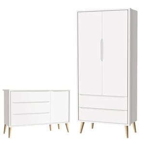 Cômoda Infantil com Porta e Guarda Roupa 2 Portas Theo Branco Acetinado Pés Madeira Natural – Reller
