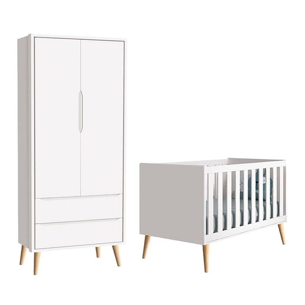 Berço Americano e Guarda Roupa 2 Portas Infantil Theo Branco Acetinado com Pés Madeira Natural – Reller