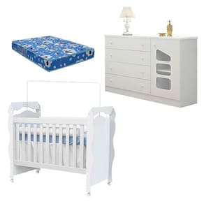 Berço Americano New Nanda com Cômoda Eloisa Branco Brilho e Colchão Ortobom – Phoenix