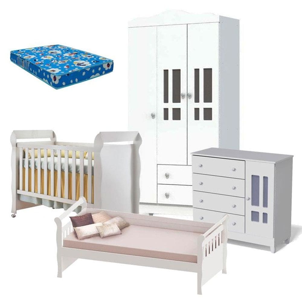Quarto de Bebê Ariel 3 Portas Berço Mirelle com Colchão e Cama Babá Julia Branco Brilho – Carolina