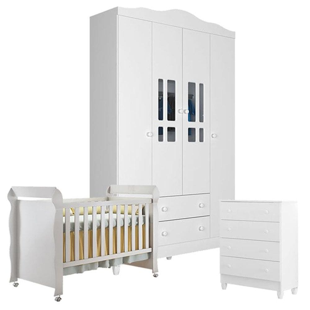 Quarto de Bebê 4 Portas com Gaveteiro Ariel e Berço Mirelle Branco Brilho - Carolina