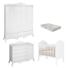 Quarto de Bebê Realeza e Cômoda 1 Porta Branco Acetinado com Colchão Gazin – Canaã