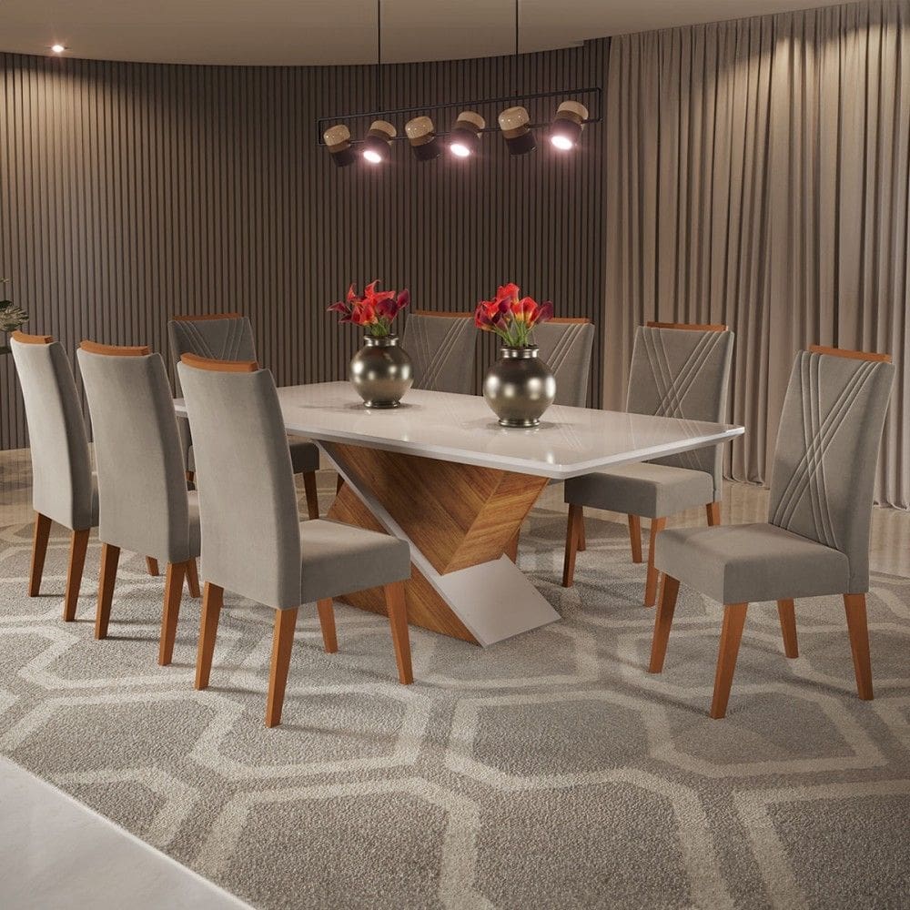 Mesa de Jantar 8 Lugares Moçambique com Vidro Perola/Off White - Panorama Móveis