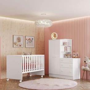 Berço Nacional 3540 e Guarda Roupa com Cômoda 4070 Ambiente Doce Sonho Branco Brilho – Qmovi