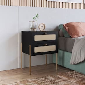 Mesa de Cabeceira 2 Gavetas Palhinha Pé Metal Dourado Oslo Nero/Dourado