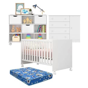 Berço Americano Doce Sonho 100 com Rodízios e Cômoda 2561 com Nicho Organizador 3 Gavetas Branco Brilho com Colchão - Qmovi