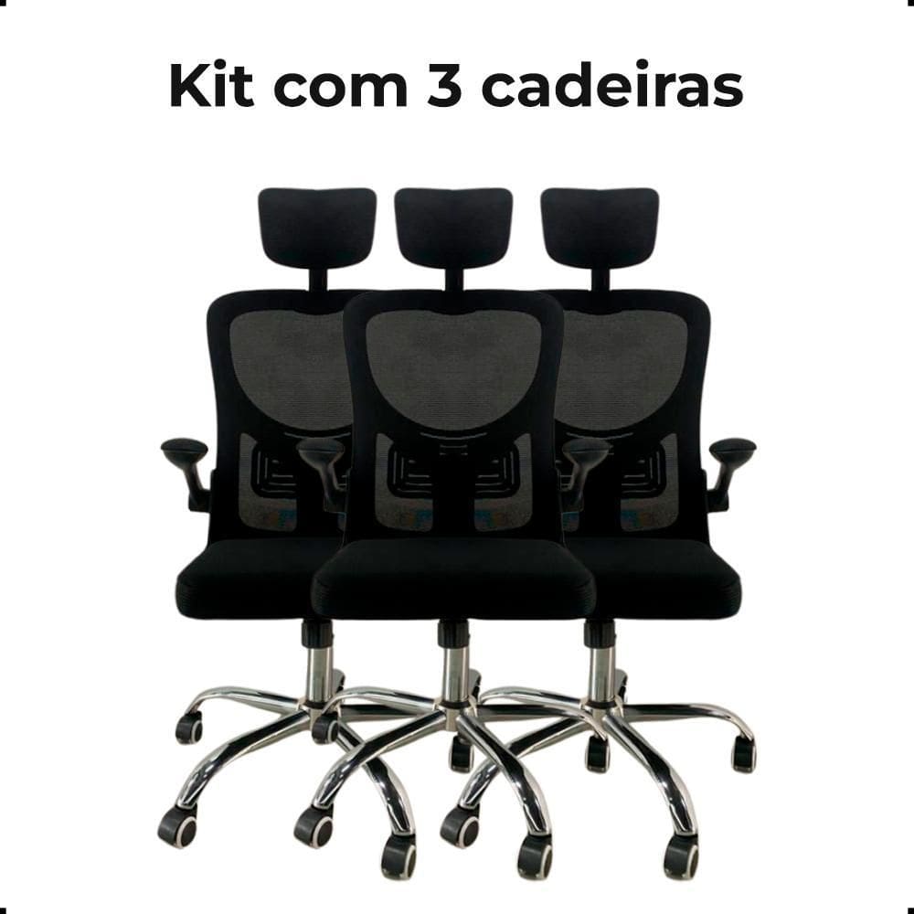Kit Com 3 Cadeiras De Escritório Presidente Mesh Elegance