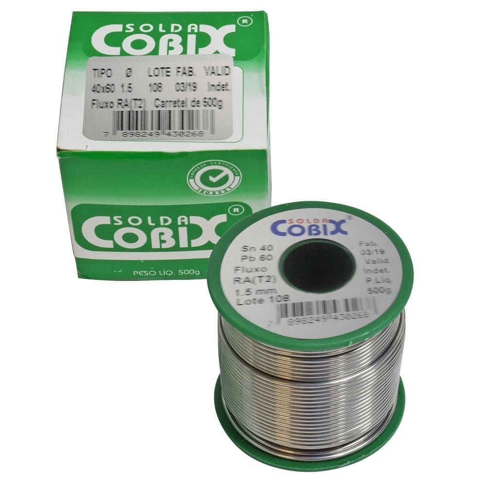 Estanho solda cobix fio 1.5mm 60x40 500g verde fluxo ra t2