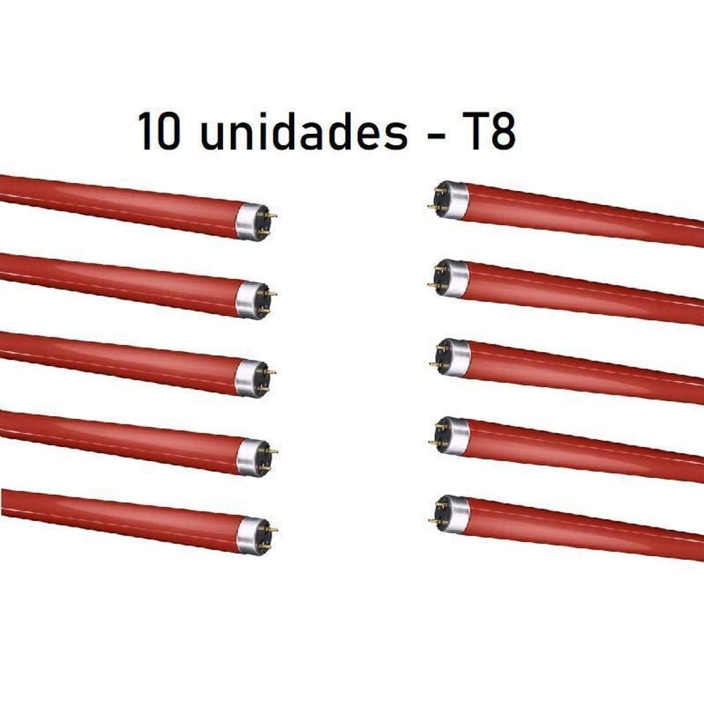 Kit 10 lâmpadas tubular vermelha 20w t8 60cm fluorescente