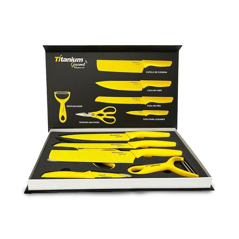 Jogo de facas premium aço inox titanium gourmet 6 peças