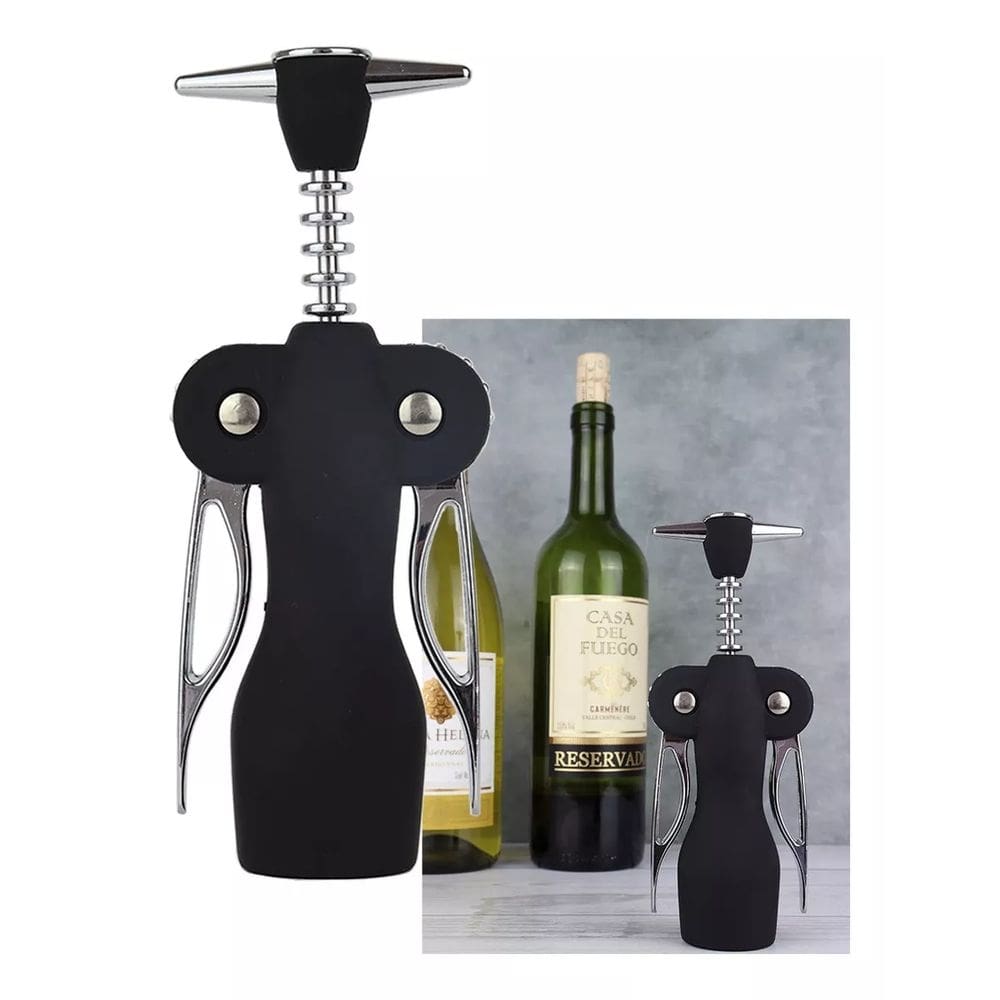 Abridor De Vinhos Saca Rolhas Preto Cromado Manual Inox