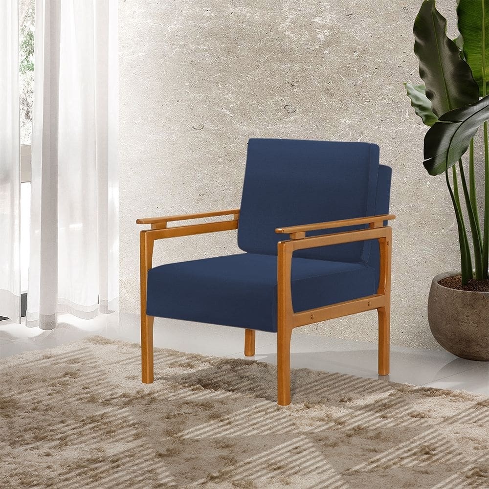 Poltrona Decorativa Pés de Madeira Maciça Yasmin Veludo Azul