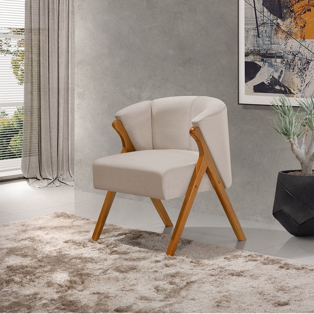 Poltrona Luxo Moderna Luna Pés em Madeira Maciça Veludo Bege