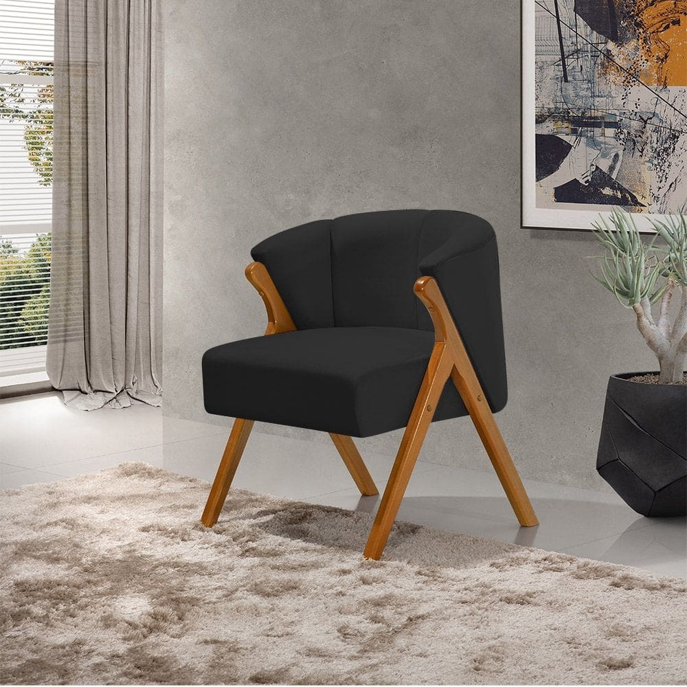 Poltrona Luxo Moderna Luna Pés em Madeira Maciça Veludo Preto