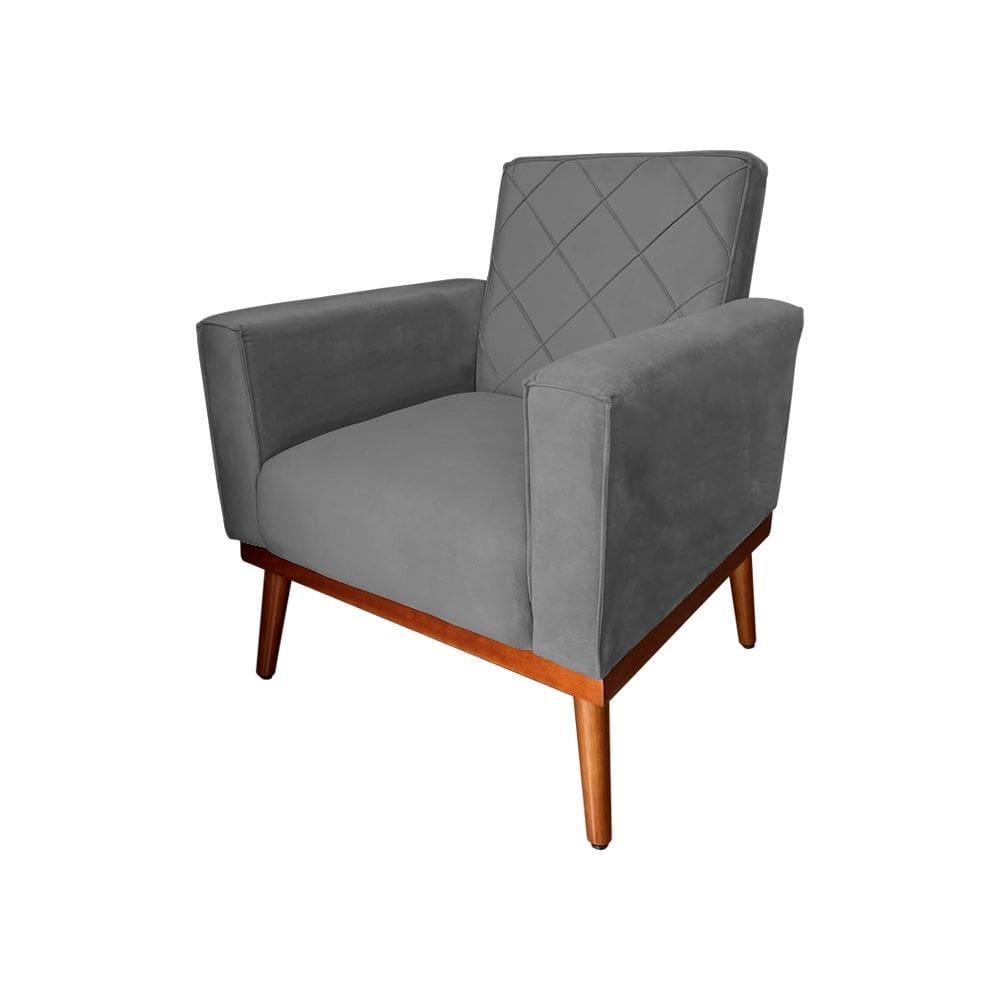 Poltrona Living Base em Madeira Maciça Caribe Veludo Cinza