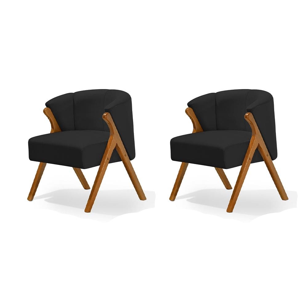 Kit 2 Poltronas Luxo Moderna Luna Pés em Madeira Maciça Veludo Preto