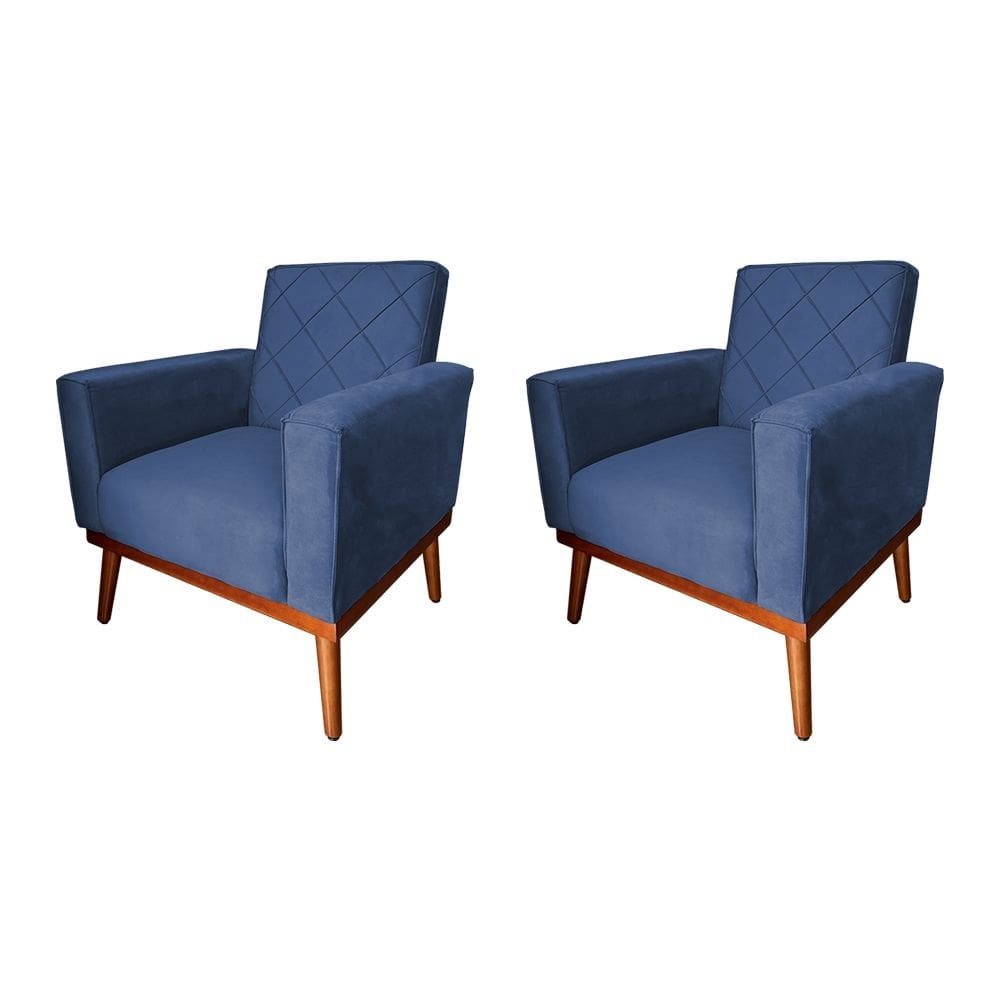 Kit 2 Poltronas Living Base em Madeira Maciça Caribe Veludo Azul