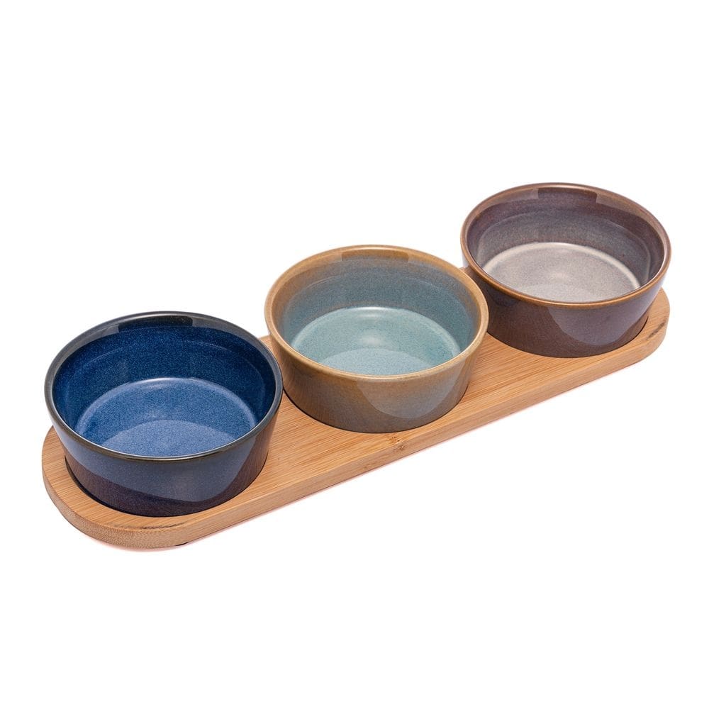 Conjunto 3 Petisqueiras de Cerâmica com Bandeja de Bambu 32c