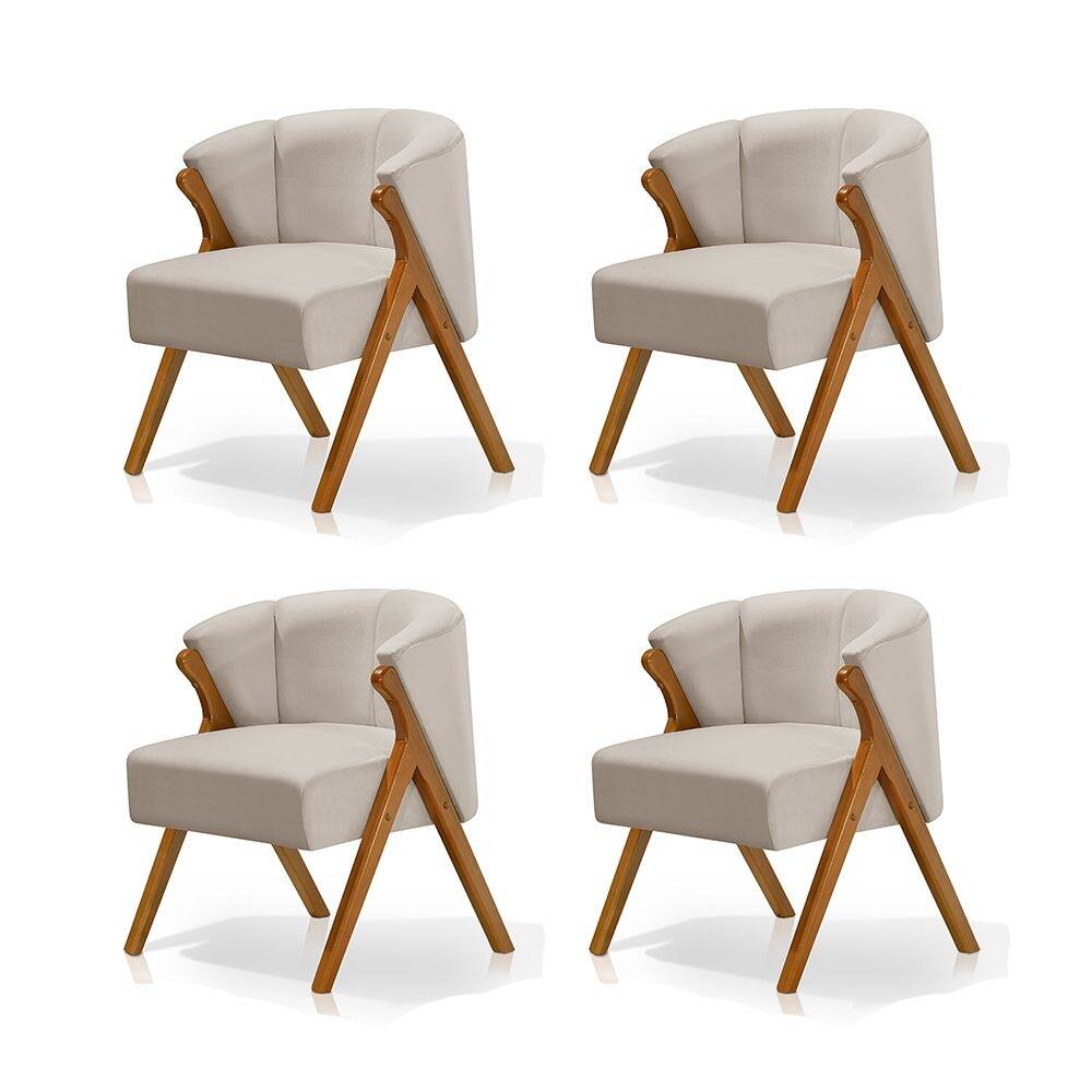 Kit 4 Poltronas Luxo Moderna Luna Pés em Madeira Maciça Veludo Bege