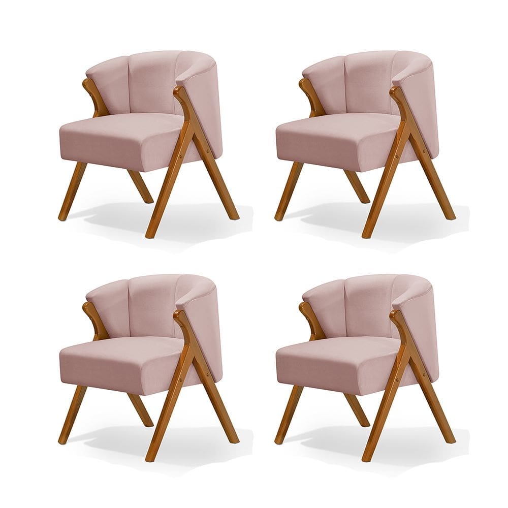 Kit 4 Poltronas Luxo Moderna Luna Pés em Madeira Maciça Veludo Rosê