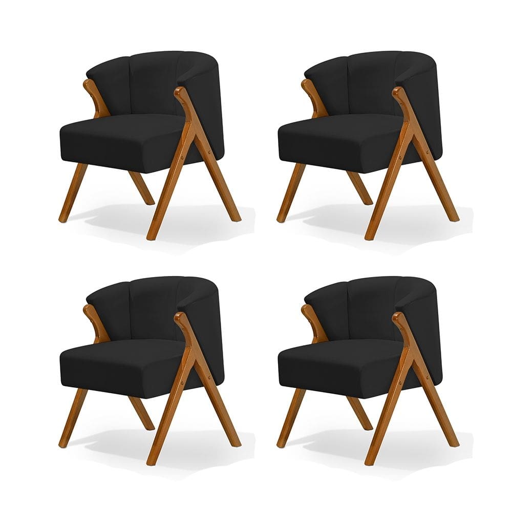Kit 4 Poltronas Luxo Moderna Luna Pés em Madeira Maciça Veludo Preto