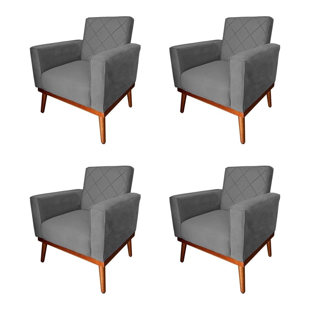 Kit 4 Poltronas Living Base em Madeira Maciça Caribe Veludo Cinza