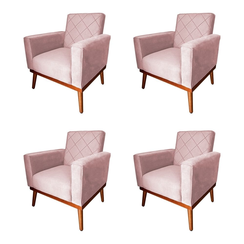 Kit 4 Poltronas Living Base em Madeira Maciça Caribe Veludo Rosê