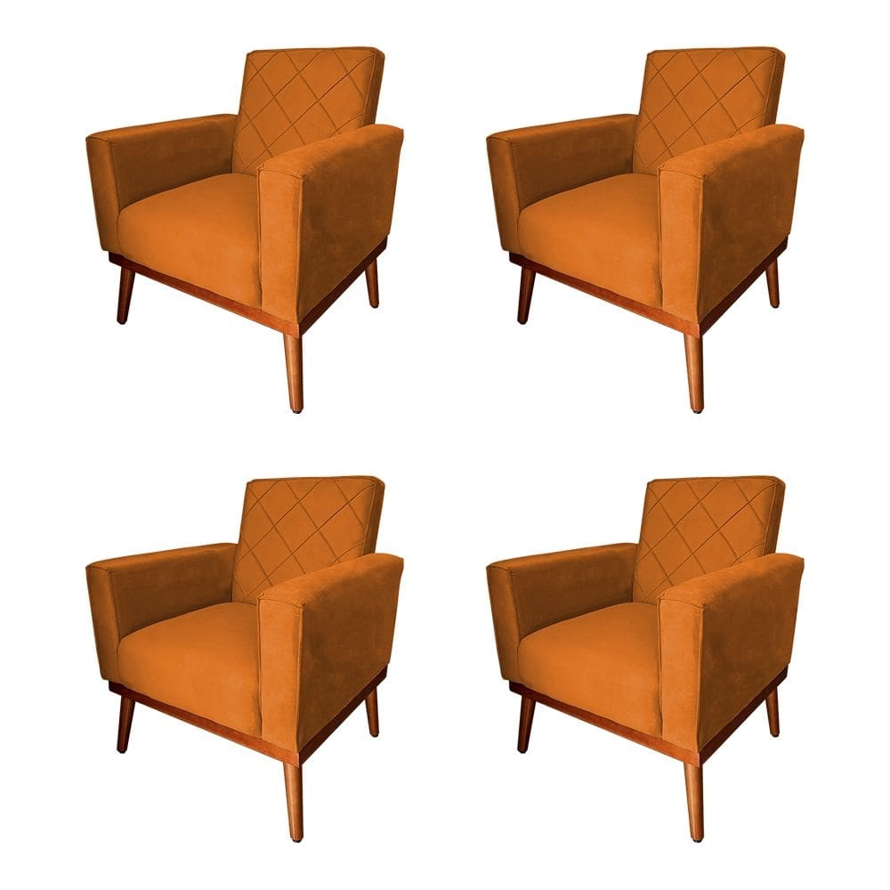Kit 4 Poltronas Living Base em Madeira Maciça Caribe Veludo Terracota