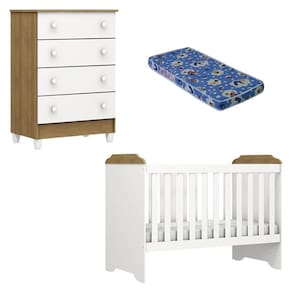 Berço Americano Mini Cama e Cômoda Mel Flat Branco Acetinado Amadeirado com Colchão Ortobom - Carolina