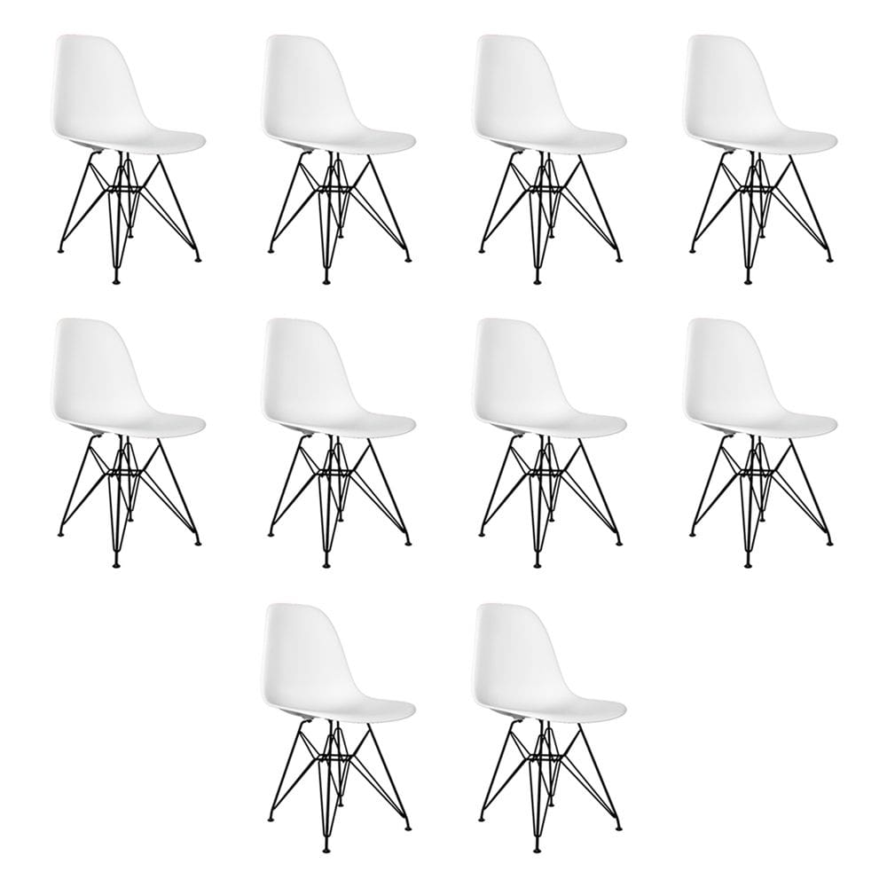 Kit 10 Cadeiras Jantar Assento Branco Eiffel Eames Base Ferro Preto