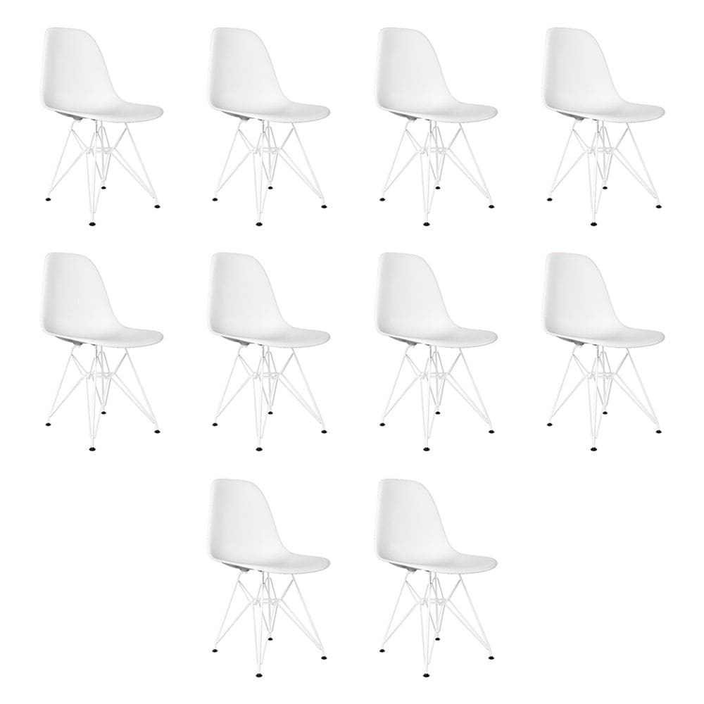 Kit 10 Cadeiras Jantar Assento Branco Eiffel Eames Base Ferro Branco