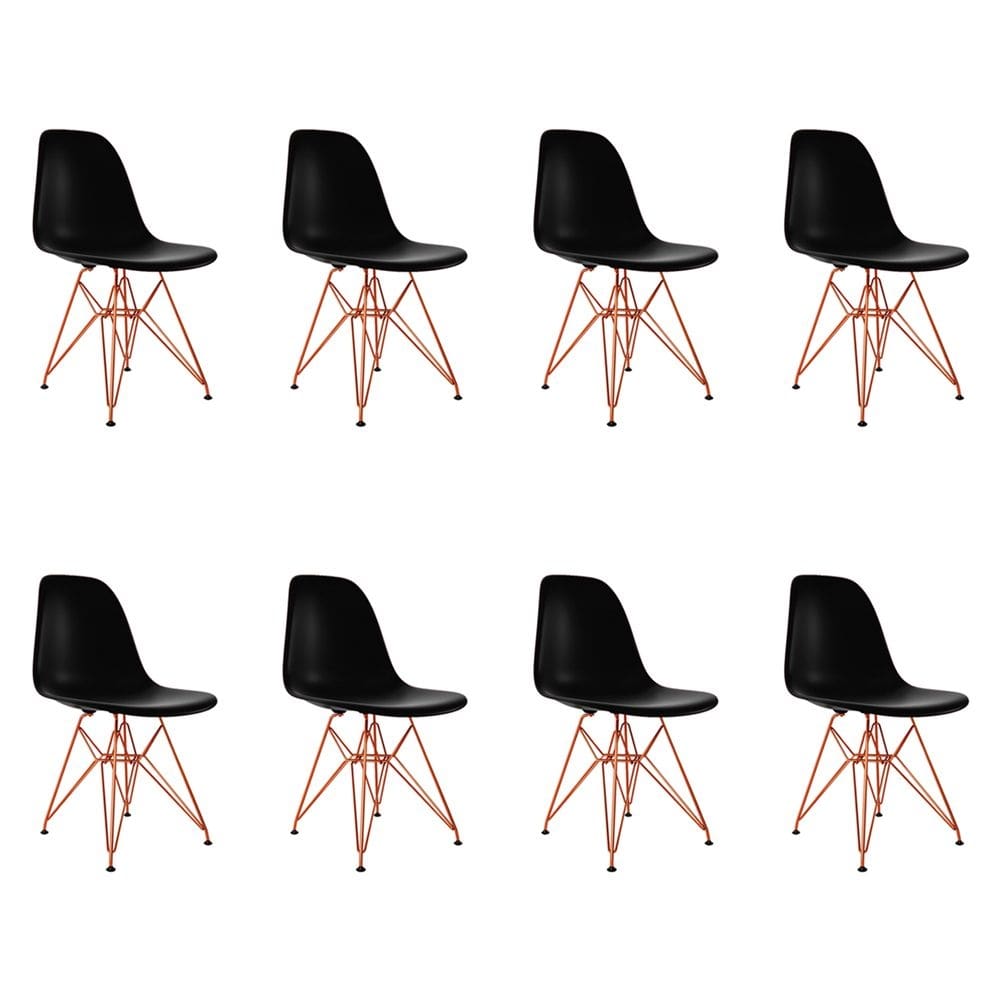 Kit 8 Cadeiras Jantar Assento Preto Eiffel Eames Base Ferro Cobre