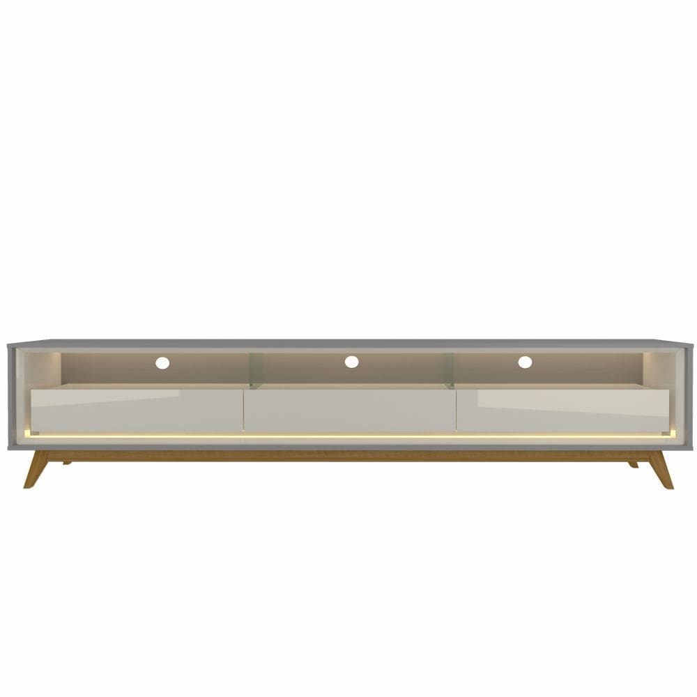 Rack Bancada para TV de 85” Gelius Requinte com 03 gavetas LED e pés de madeira Cinza OFF White
