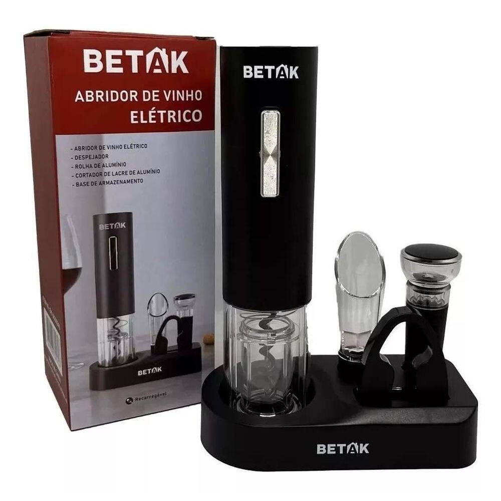 Abridor De Vinho Automático Base Recarregável Preto