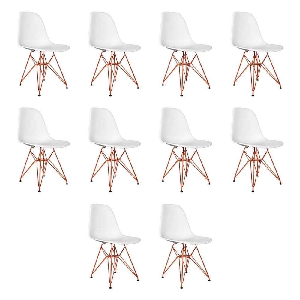 Kit 10 Cadeiras Jantar Assento Branco Eiffel Eames Base Ferro Cobre