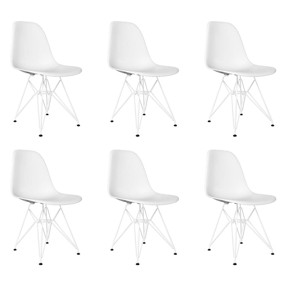 Kit 6 Cadeiras Jantar Assento Branco Eiffel Eames Base Ferro Branco