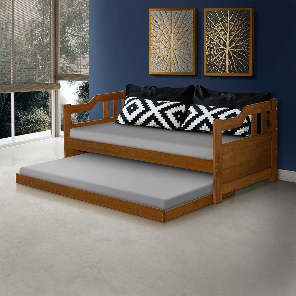 Sofa Cama Solteiro Madeira com Cama Auxiliar Atraente - Castanho