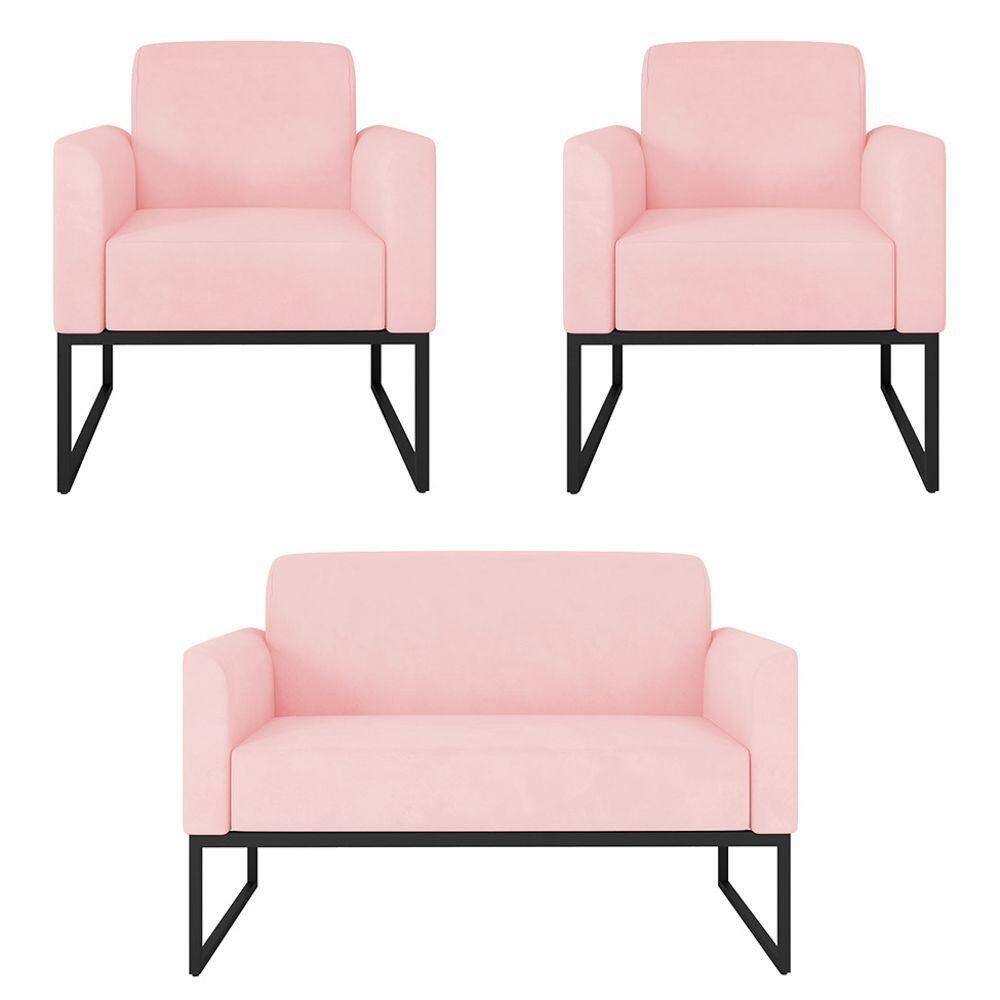 Kit Namoradeira E 2 Poltronas Preta Suede Rosa Bebê