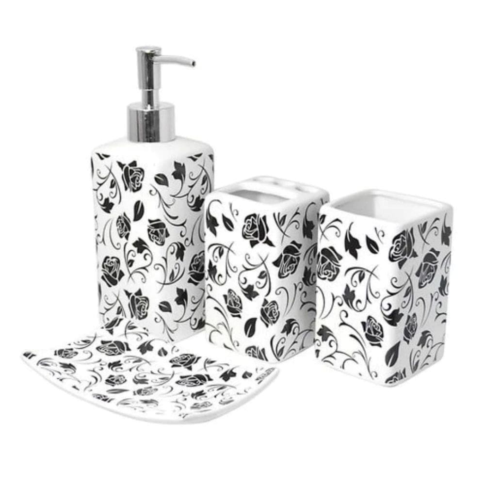 Kit para banheiro 4 peças Cerâmica floral preto e branco