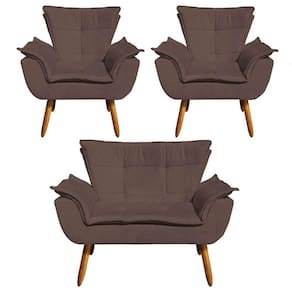 Kit Namoradeira 2 Lugares E 2 Poltronas Decorativas Pés Palito Opla Suede Marrom - Ibiza