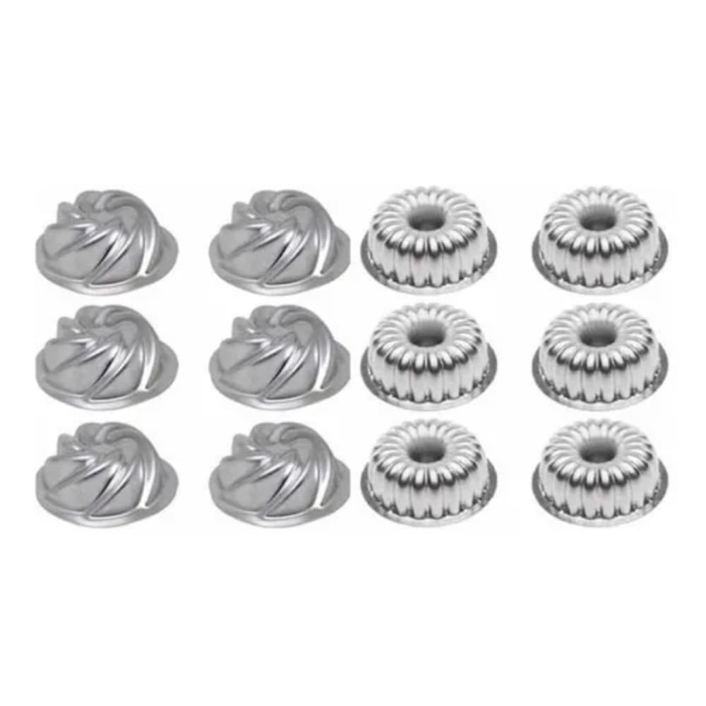 Jogo (12/Peças) 6 Formas Mini Bolo Vulcão Espiral Novela (9x3,5) + 6 Formas Suíça Decor2 Onduladinha (9x4)