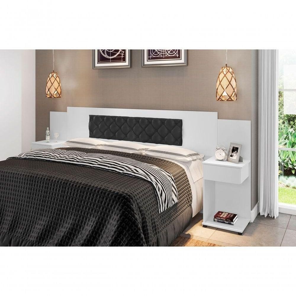 Cabeceira Box Bruna Branco Com Capitonê Preto