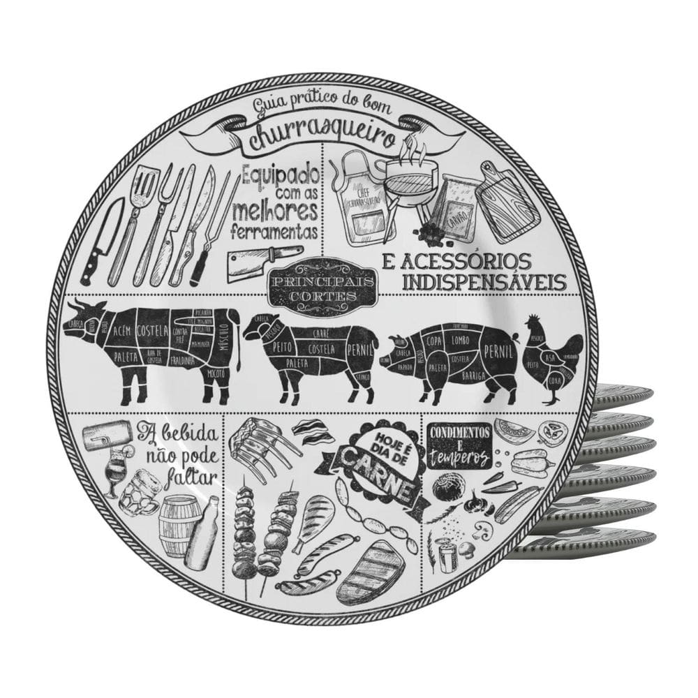 Jogo De Pratos Sobremesa Cerâmica 20Cm Kit 6Pcs Churrasco