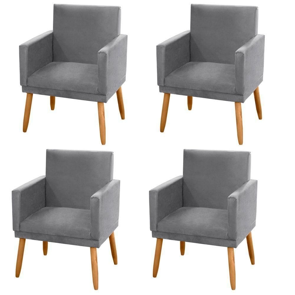 Kit 04 Poltronas Lauren Pés Palito Suede Cinza