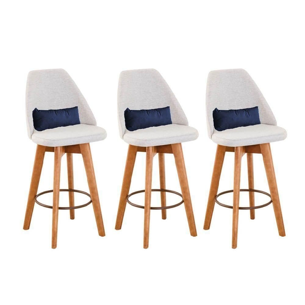 Kit 3 Banquetas Bege Claro E Almofada Azul Marinho