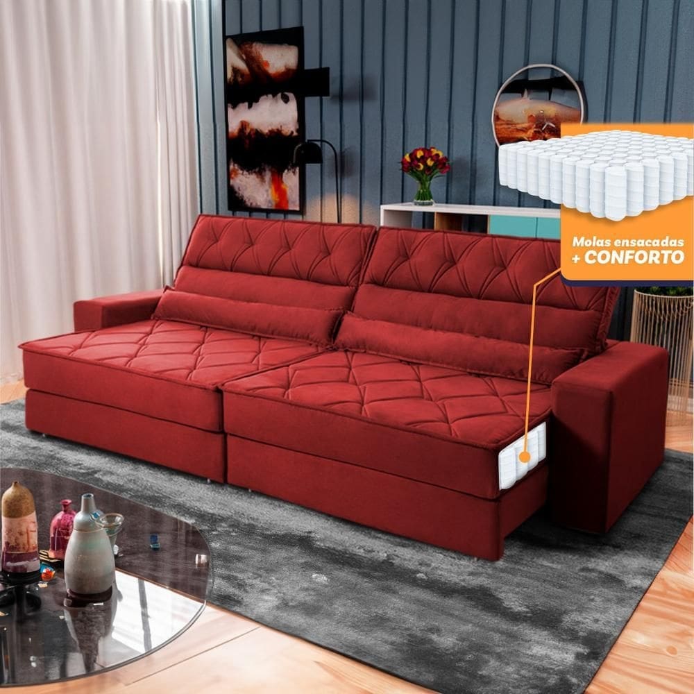 Sofá Retrátil Reclinável 2,50m Albany Suede Velut Vermelho Molas Ensacadas - King House