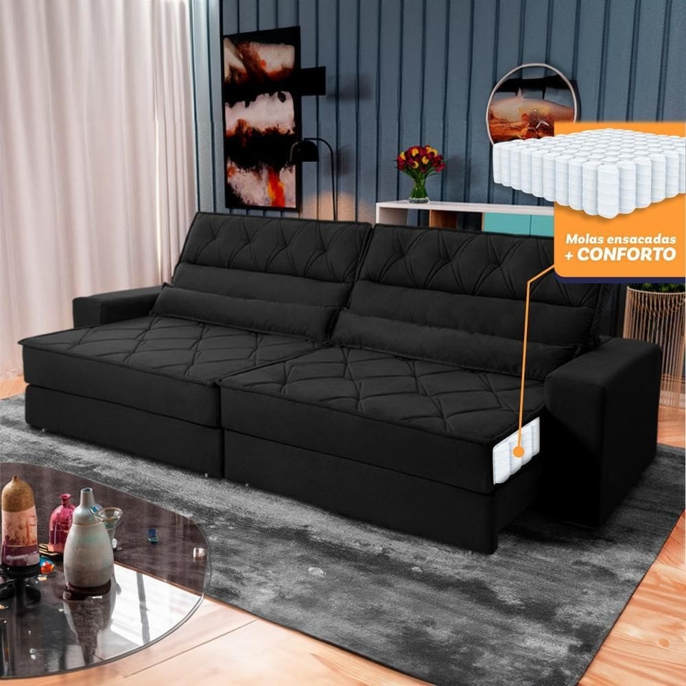 Sofá Retrátil Reclinável 2,30m Albany Suede Velut Preto Molas Ensacadas - King House