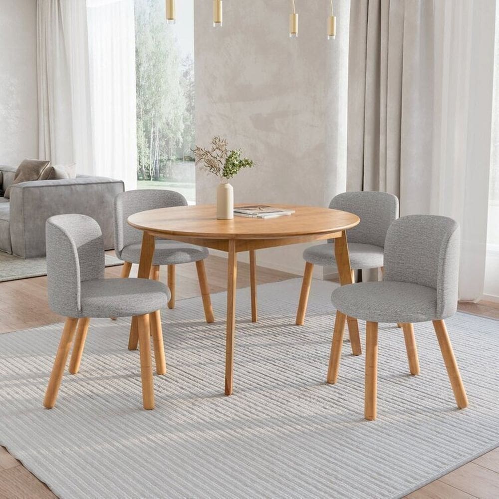 Mesa de Jantar Extensível Redonda com 4 Cadeiras Madeira Maciça Tasila Yescasa Champagne/Grafite