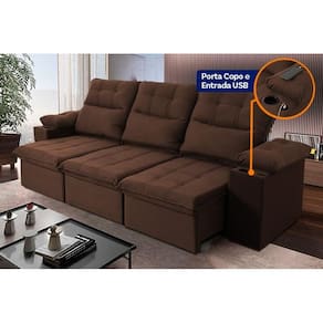 Sofá Retrátil Reclinável Verona USB + Porta Copo 2,30m Suede Velut Marrom c/ Molas no Assento - King House